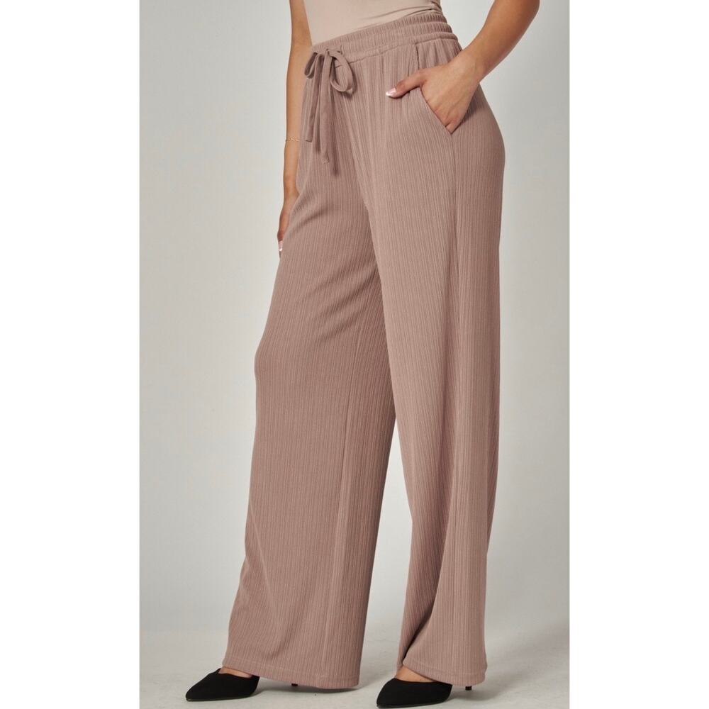 Ribbed High-rise Drawstring Wide Leg Pants - Picture 2 of 8